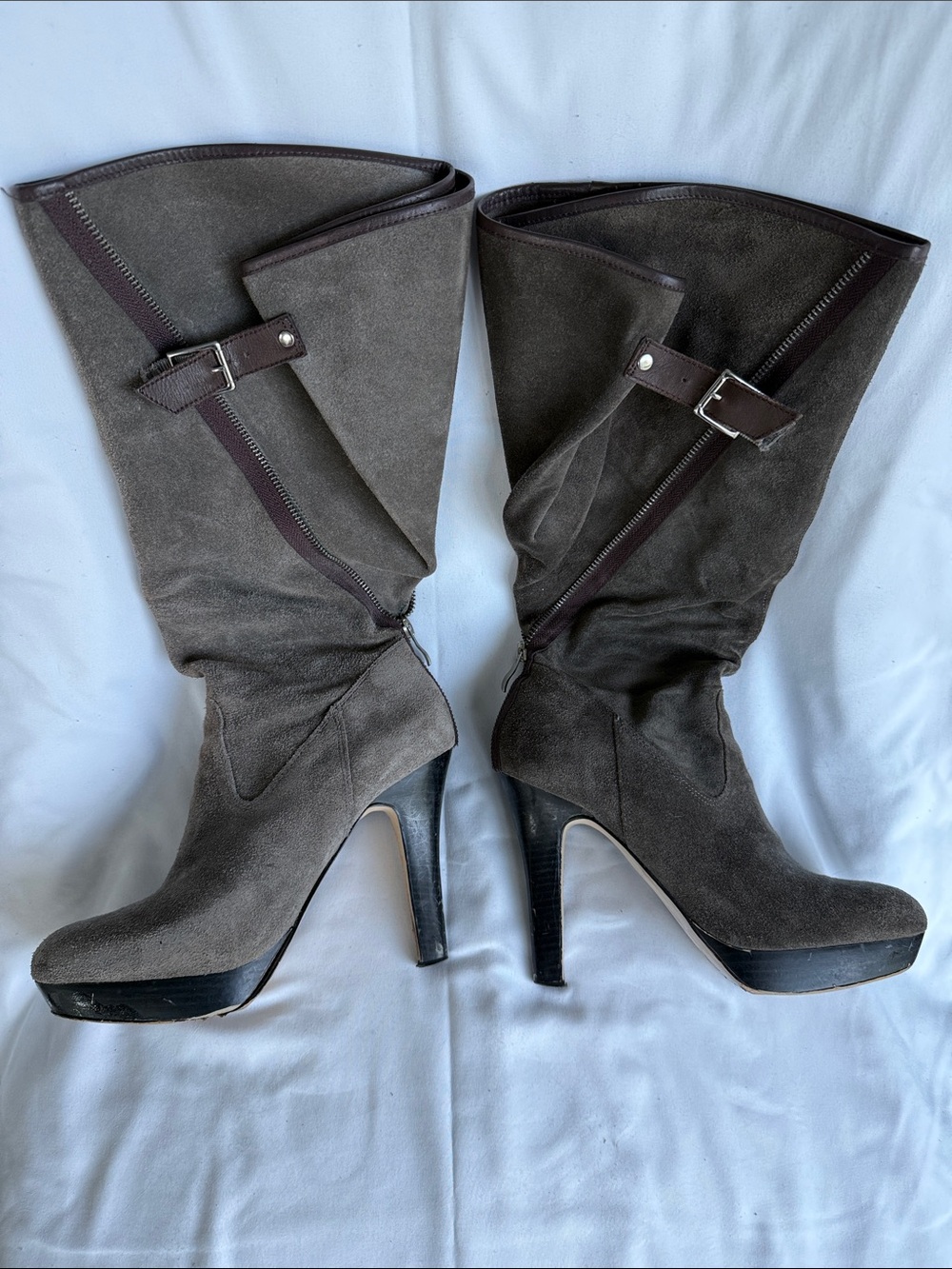 Jessica Simpson Gray Taupe Suede 4.5” High-Heel Mid-Calf Boots, Size 9